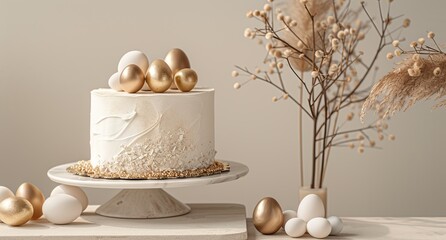 The image showcases an elegant white cake with textured frosting on a cake stand, beautifully adorned with golden eggs on top. The color palette is neutral with beige and golden hues that evoke a sens - obrazy, fototapety, plakaty