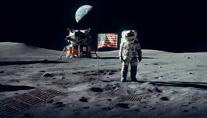 The astronaut is standing on the surface of the Moon next to the American flag, with the Earth and the lunar module parked nearby in the background. Moon landing concept. AI generated.