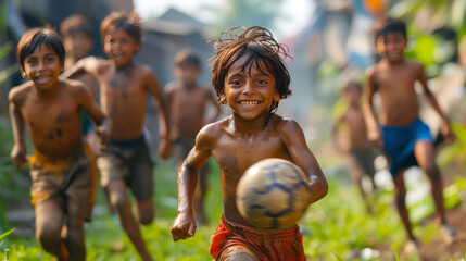 boys happily chasing soccer ball on grass field,generative ai
