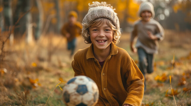 boys happily chasing soccer ball on grass field,generative ai