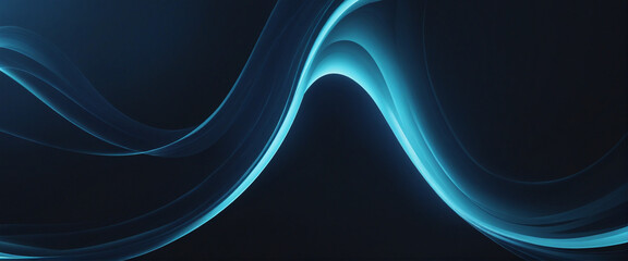 Light blue glowing abstract wave on dark blue background grainy texture banner design