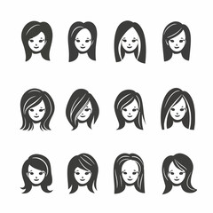 Big black hair silhouettes collection of fashionable haircuts or hairstyles for girls, isolated on white background. Fashion hand drawn vector illustration