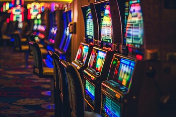 Naklejka premium a deserted slots in the dimly lit casino room during the quiet early morning