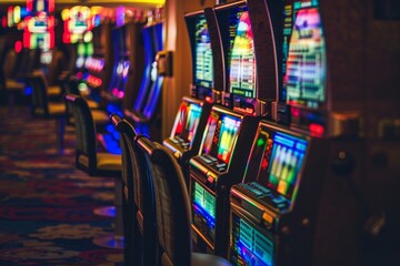 a deserted slots in the dimly lit casino room during the quiet early morning