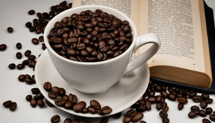 A cup of coffee beans on a plate next to a book