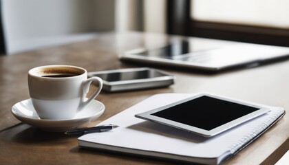 A table with a cup of coffee, a notebook, and three cell phones