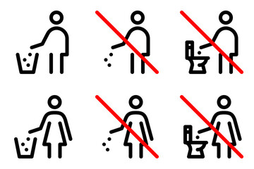 Do not litter line icon isolated on white background. Please keep this area clean outline sign. Do not throw trash in toilet bowl pictogram in linear style. Editable stroke. Vector graphics