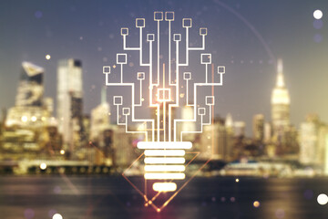 Virtual creative light bulb illustration with microcircuit on blurry skyscrapers background, future...