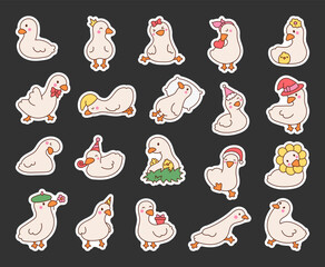 Cute kawaii goose. Sticker Bookmark. Cartoon funny duck characters. Hand drawn style. Vector drawing. Collection of design elements.