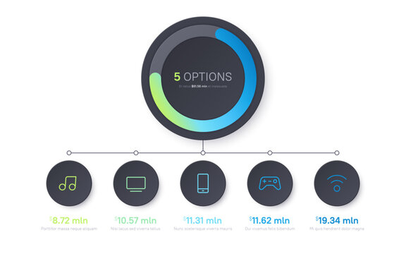 Vector presentation infographic gradient chart design. Five options