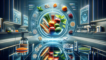 Futuristic Functional Foods: Innovative, vibrant, and health-focused products in a high-tech kitchen.