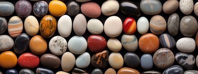 Neatly arranged pebbles of various sizes and hues. rock, gravel, pebble texture pattern gravel full frame stone background - obrazy, fototapety, plakaty
