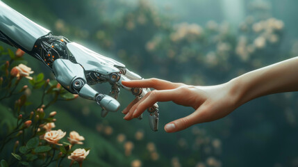 A conceptual image of a human hand and a robot hand touching, symbolizing the connection between humans and technology against a natural floral background.