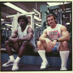 two guys in the 1980s are sit flat bench in the gym, their attire reflecting the fashion of the...