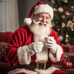 Close up photo of santa claus with a cup of coffee