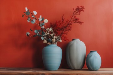 Elegant still life composition of ceramic vases on a wooden surface against a copper red color wall background. Contemporary interior design setting accessories.