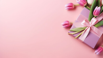 Top view photo of stylish pink giftbox with ribbon bow and bouquet of tulips on pink background, Happy birthday, marriage day, congratulations, women's day