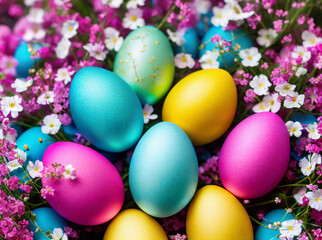 Fototapeta na wymiar Different colorful Easter eggs and gypsophila flowers on light background with space for text.