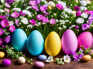 Obraz na płótnie Canvas Different colorful Easter eggs and gypsophila flowers on light background with space for text.