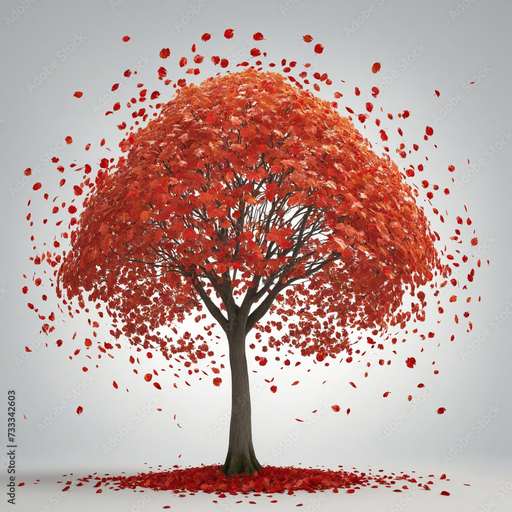 Poster alone autumn tree with red falling leaves, isolated png object on transparent background