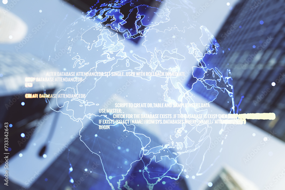 Poster multi exposure of abstract creative coding sketch and world map on office buildings background, arti
