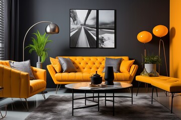 a living room with a couch, chair, coffee table and two lamps