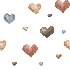Stylish pattern with watercolor love hearts. Brown and beige, grey seamless background, Digital paper boho textile hand drawn . Valentine day. Nursery wallpapet, fabric, textile.