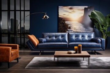 a living room with a blue leather couch and a coffee table