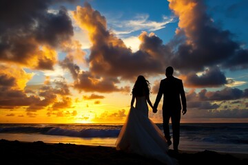 A bride and groom, newly united in marriage, leisurely walk along the shoreline of a picturesque beach, perfectly silhouetted against the setting sun.