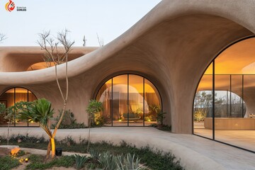 abundance of windows glowing with a captivating display of light, showcasing the harmonious blend of clay and cement in its construction.