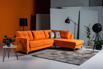 a living room with an orange couch and a rug