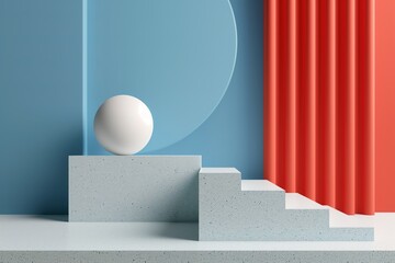 A white ball sits atop a set of stairs, creating a striking visual contrast.