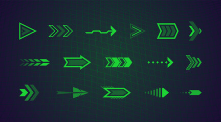 Green neon arrows set. Digital pointers and cursors for computer games and applications.