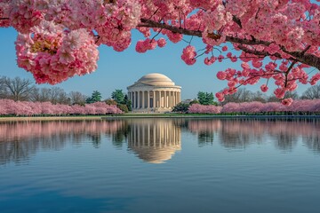 A photograph of the Jefferson Memorial in Washington, D.C. during cherry blossom season, showcasing the prominent memorial and the vibrant cherry blossom trees that surround it.