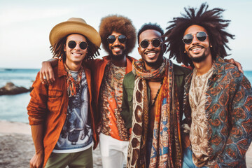 Four handsome African hipsters in sunglasses and clothes with bright prints on the seashore....