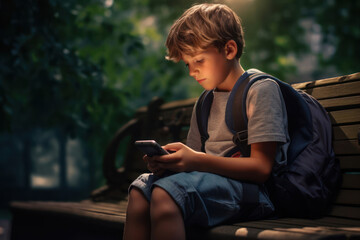 Young boy using his smartphone outdoors in park. Kids addiction from electronic gadgets concept