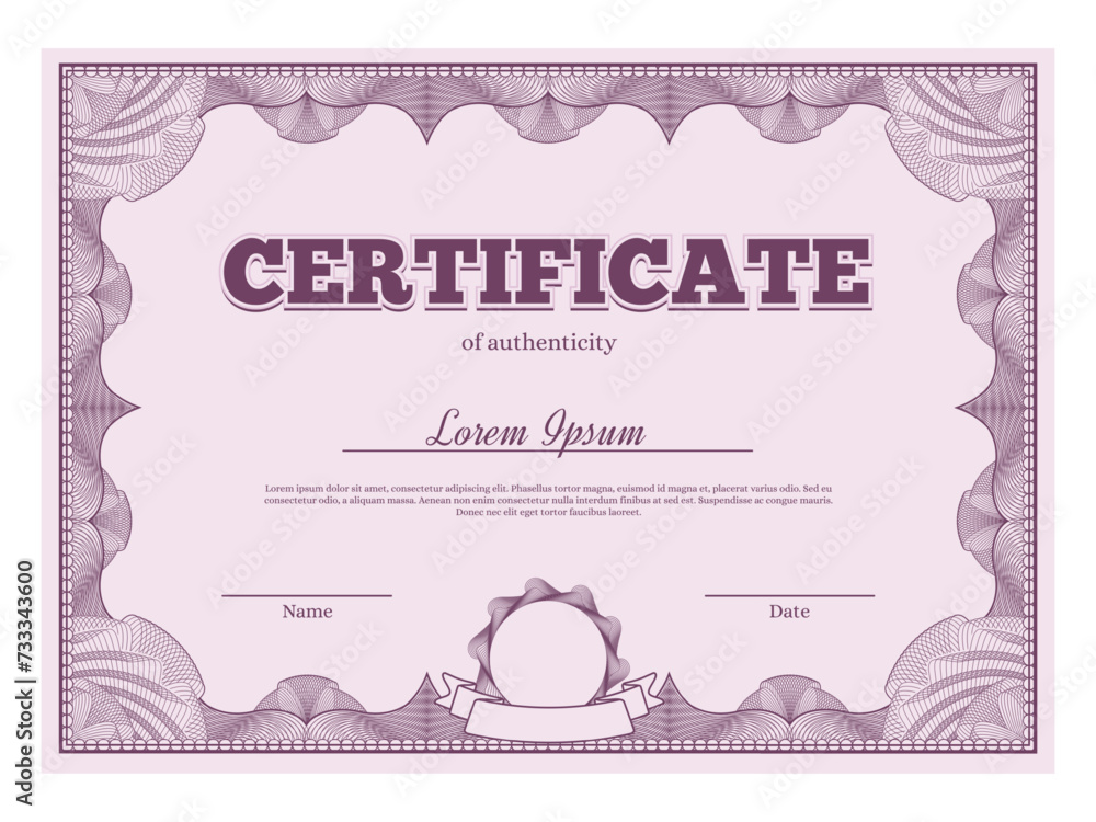 Poster guilloche certificate. authenticity secure document with geometric lines pattern frame, official dip
