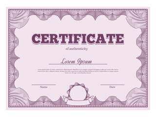 Guilloche certificate. Authenticity secure document with geometric lines pattern frame, official diploma vector template