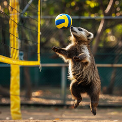 A funny raccoon plays volleyball with a yellow and blue ball. 