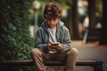 Young boy using his smartphone outdoors in park. Kids addiction from electronic gadgets concept