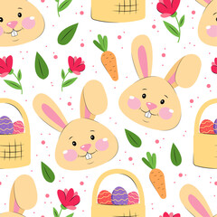 Easter seamless pattern with cute cartoon bunny, flowers and carrots on white background. Cute Easter background design for wrapping paper, gifts