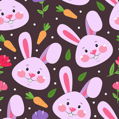 Vector seamless pattern with purple rabbits and carrots on dark background, cute Easter wrapping paper, textile design, gifts paper