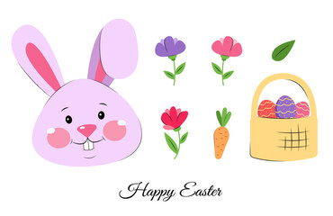 Easter clipart with cute bunny, flowers, carrot, basket for eggs. Egg hunting. Easter holiday elements