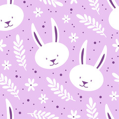 Easter seamless pattern with cute white rabbit and floral elements. Cute vector background for Easter holiday
