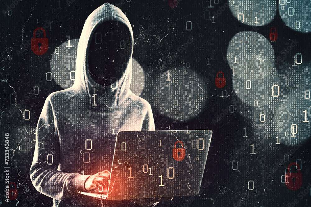 Poster Hacker in hoodie using laptop while standing on abstract dark hacking background with bokeh circles and binary coding. Malware and phishing, data theft concept.