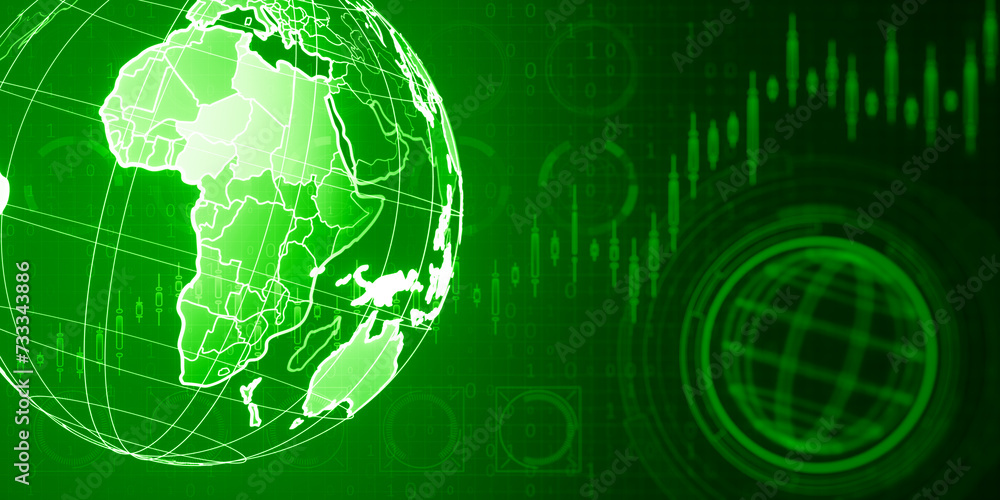 Poster creative holographic screen with digital globe interface and business chart on blurry green backgrou