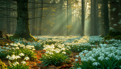 Sunrise Through Misty Forest with Carpet of Snowdrops. Spring flowers