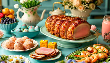 Traditional Easter Dinner Table with Sliced Ham and Seasonal Decorations