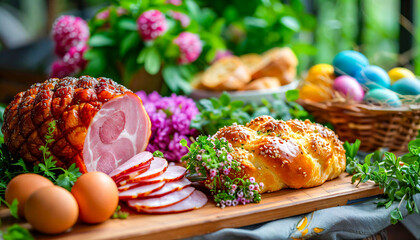 Festive Easter Brunch Spread with Glazed Ham, easter eggs, salads, assorted appetizers and  spring...