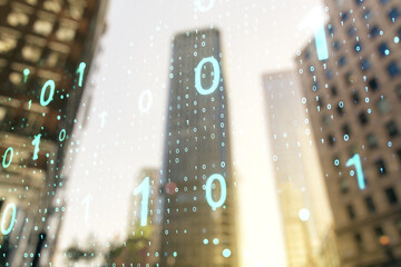 Abstract virtual binary code sketch on blurry cityscape background, hacking and matrix concept. Multiexposure